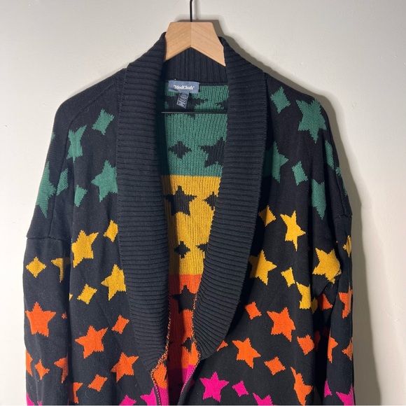 Modcloth Sweaters - Modcloth Stars Duster Black Rainbow Long Cardigan Belted Stardom Retro XL Rare